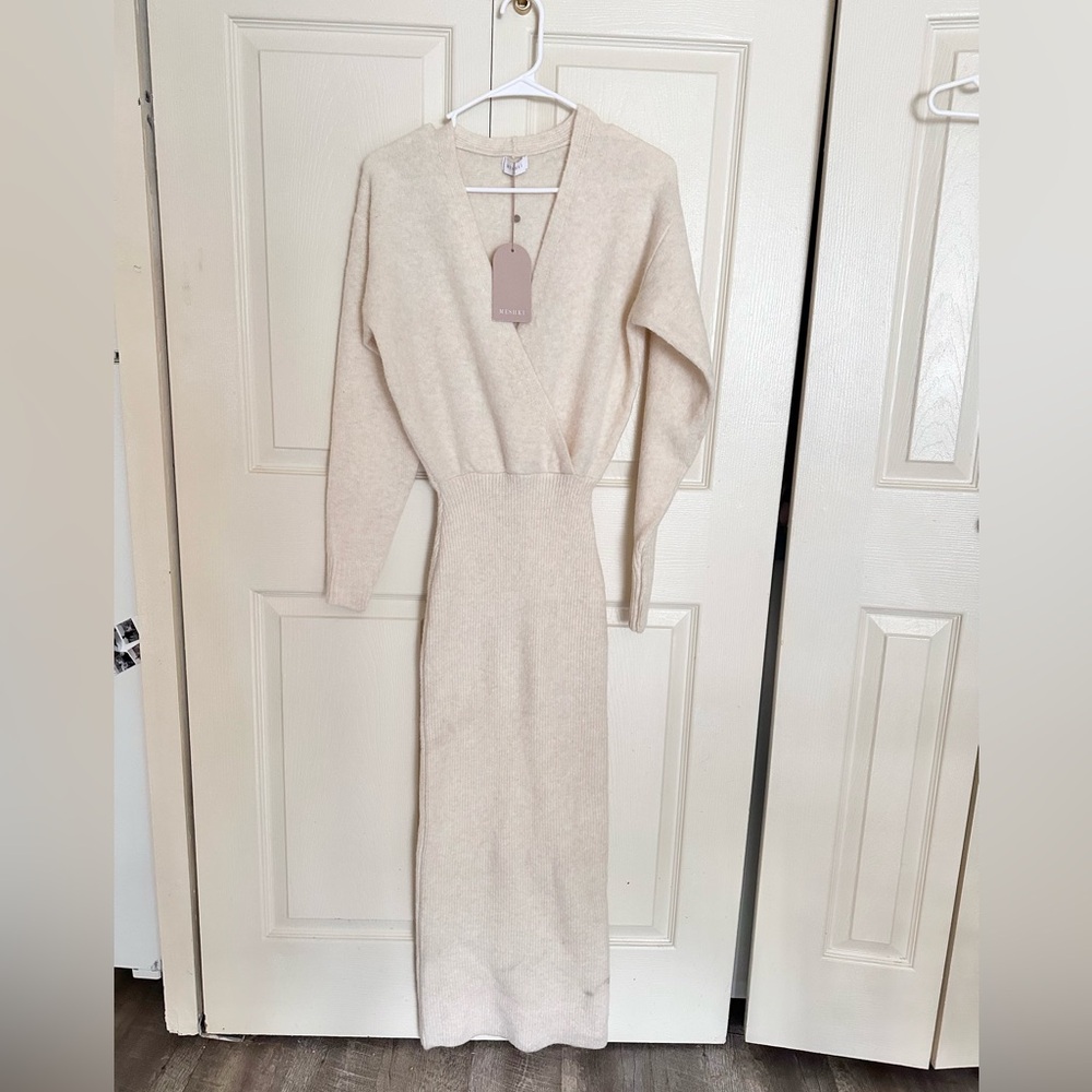 NWT Meshki Cream Marle Shannon Knit Maxi Sweater Long Sleeve V Neck Dress XS